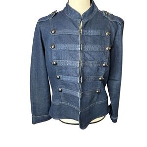 Baccini Womens Dark Wash Denim Military Band Jacket Mock Neck Epaulettes Size L